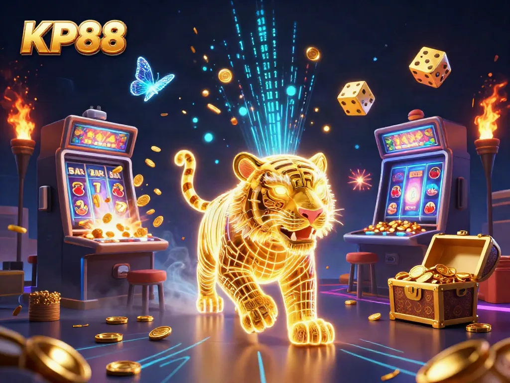Experience thrilling gameplay at KP88 with a vibrant 3D casino scene featuring a golden tiger and spectacular slot machines.