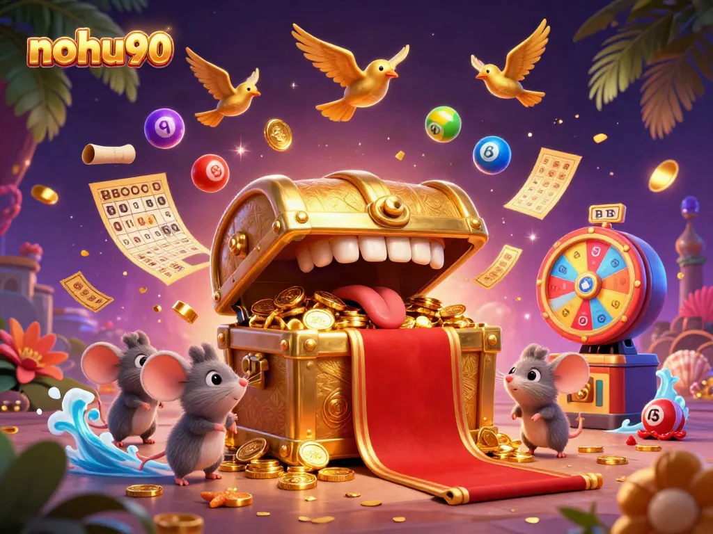 Catch big wins with nohu90's exciting casino illustration featuring games and treasures.