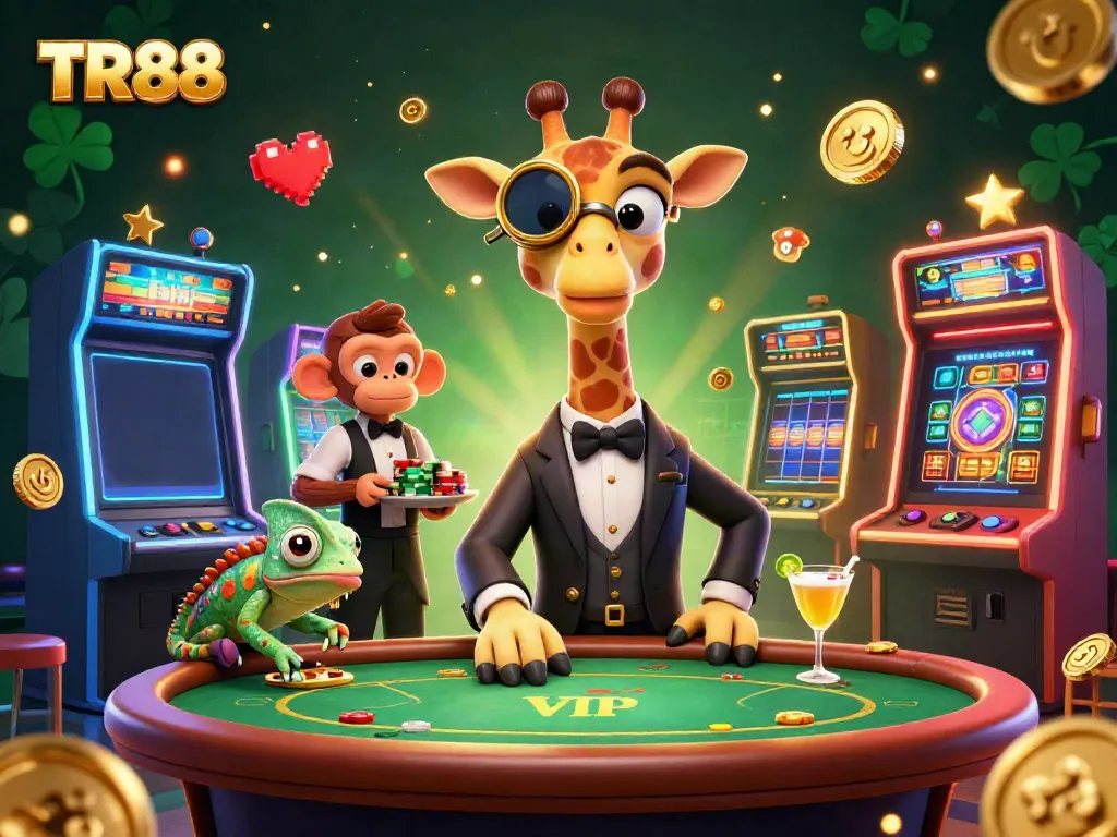 Engage with TR88’s vibrant casino scenes of a high-roller giraffe and characters enjoying slot machines.