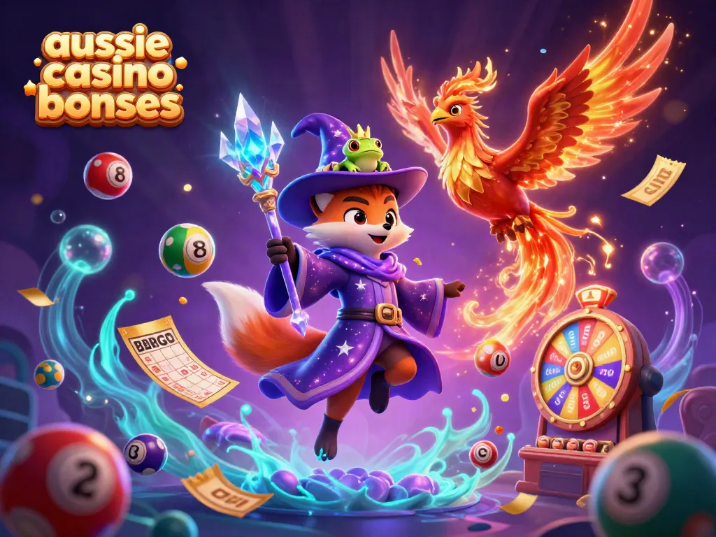 Engage in aussie casino bonuses with an enchanting wizard and phoenix surrounded by vibrant gaming elements.