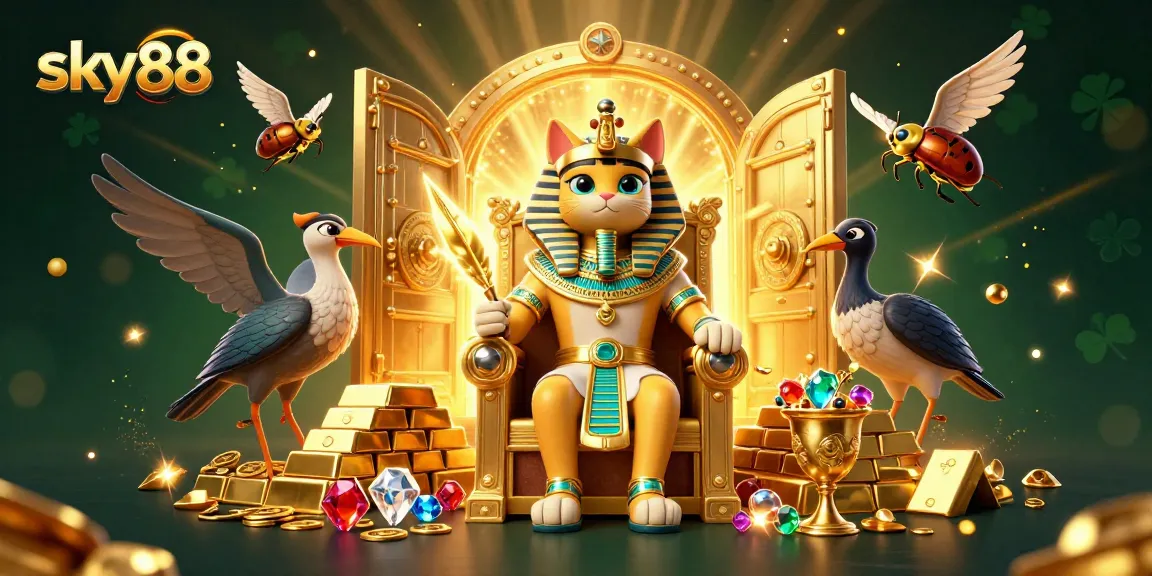 Experience thrilling adventures at sky88 with 3D cartoon Pharaoh cat and treasures in a vibrant casino scene.
