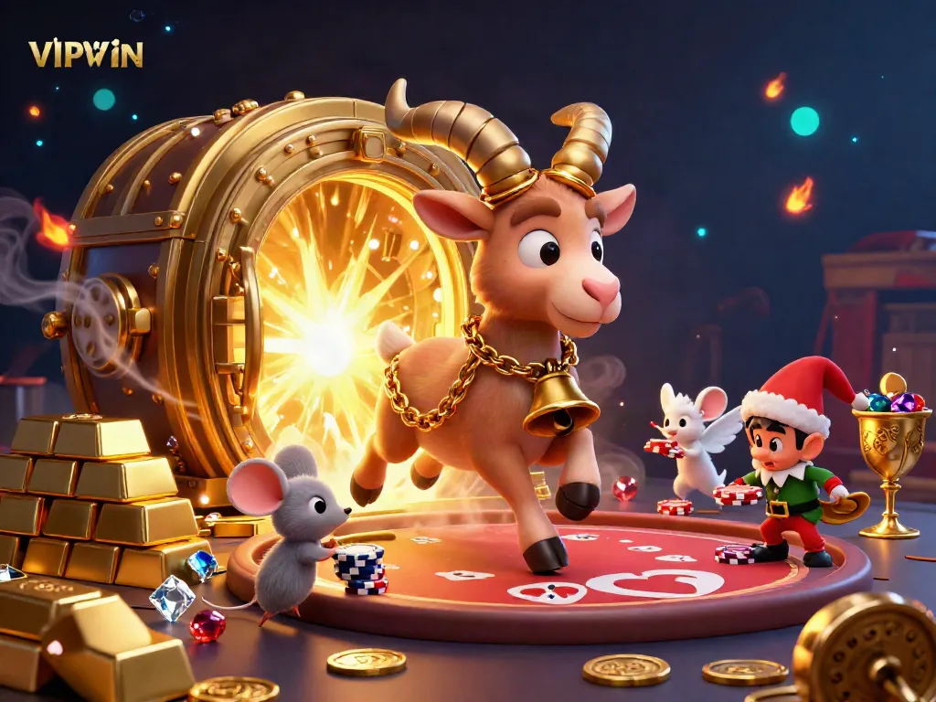 Engage in thrilling gameplay at VIPWIN with cartoon characters in a festive casino scene.