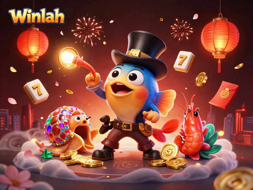 Winlah engages players with a vibrant scene of thrilling casino action, featuring animated characters.