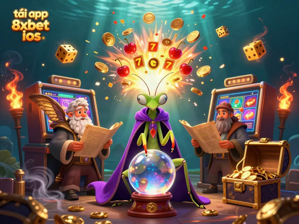 Experience the thrill of gaming with tải app 8xbet ios, a vibrant casino scene with dynamic characters and symbols.