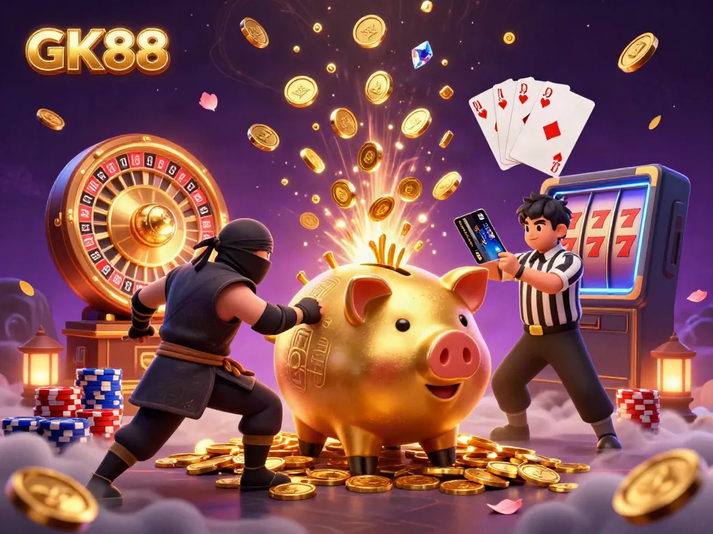 Experience GK88 with a dynamic illustration of a golden piggy bank sumo wrestler, engaging in a vibrant casino scene.