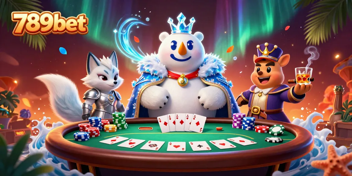 Play poker with 789bet: Join the ice king polar bear and fox in a vivid casino illustration.