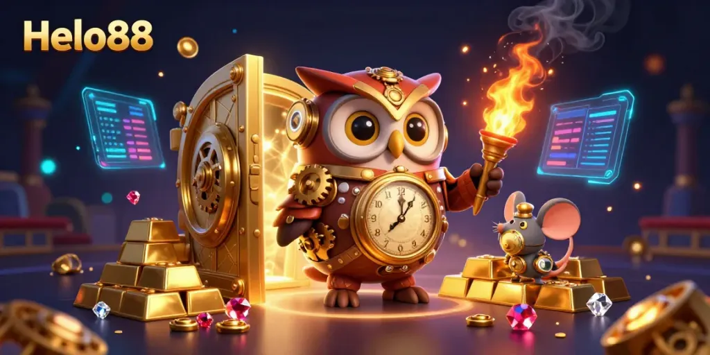 Experience Helo88 with a vibrant, animated casino scene showcasing a steampunk owl and treasures.