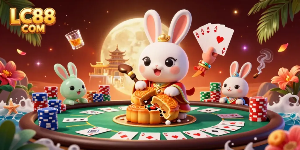 Engage with LC88 COM at a vibrant lunar casino with a detailed 3D illustration of a moon rabbit pounding golden mooncakes.
