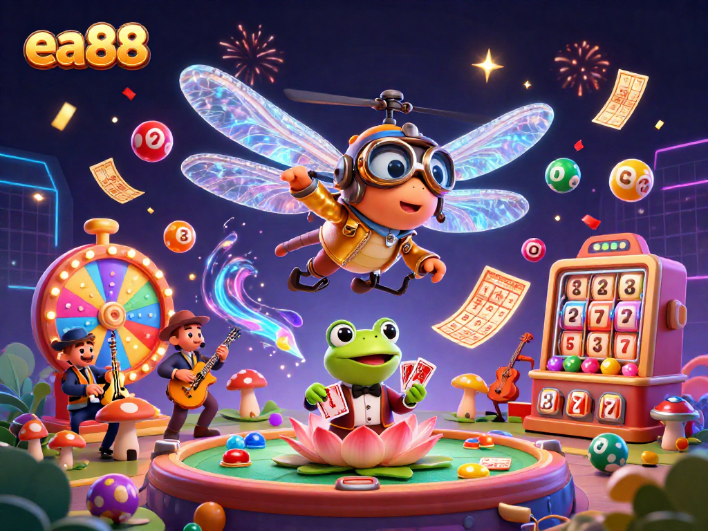 Experience the excitement of ea88 with a lively casino scene featuring a dragonfly pilot and frog croupier.