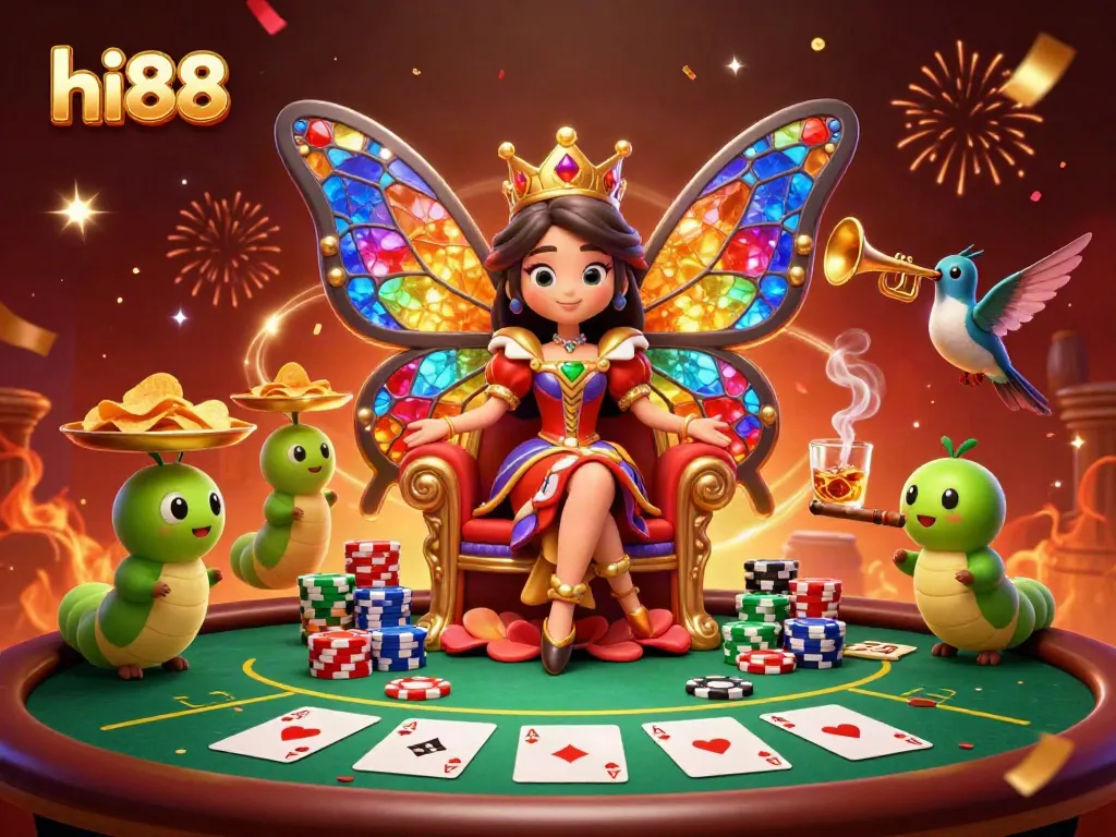 Engage with hi88's vibrant 3D casino scene showcasing a butterfly queen and gamified elements.