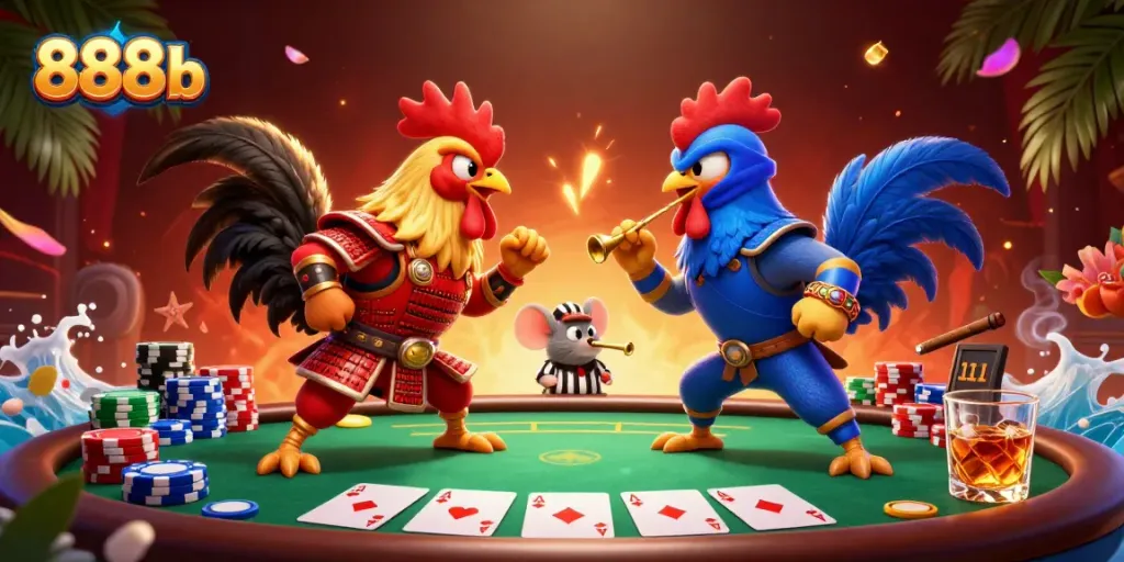 Engage with thrilling action at 888b with animated roosters battling at a poker table.