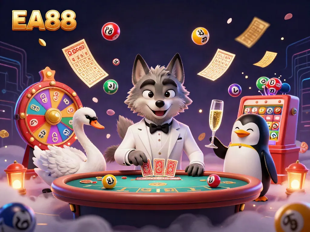 EA88 wolf in tuxedo playing baccarat, swan dealer and penguin sommelier amidst colorful casino elements.