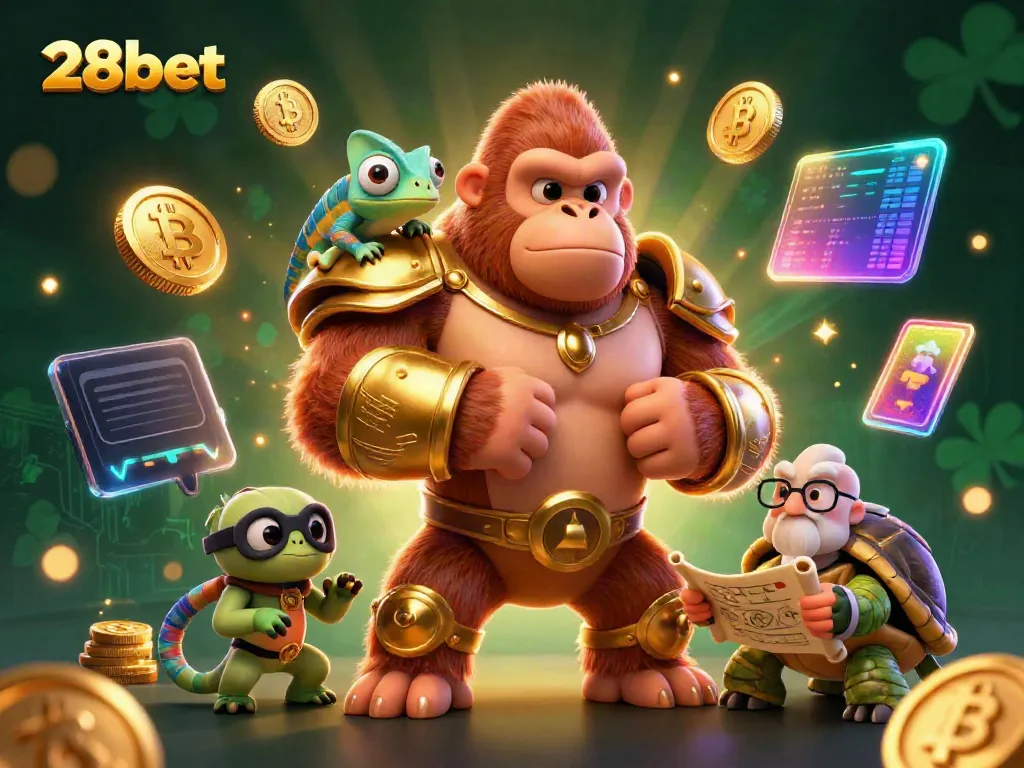 Spin and win with 28bet, featuring vibrant characters in a dynamic casino setting with crypto elements.