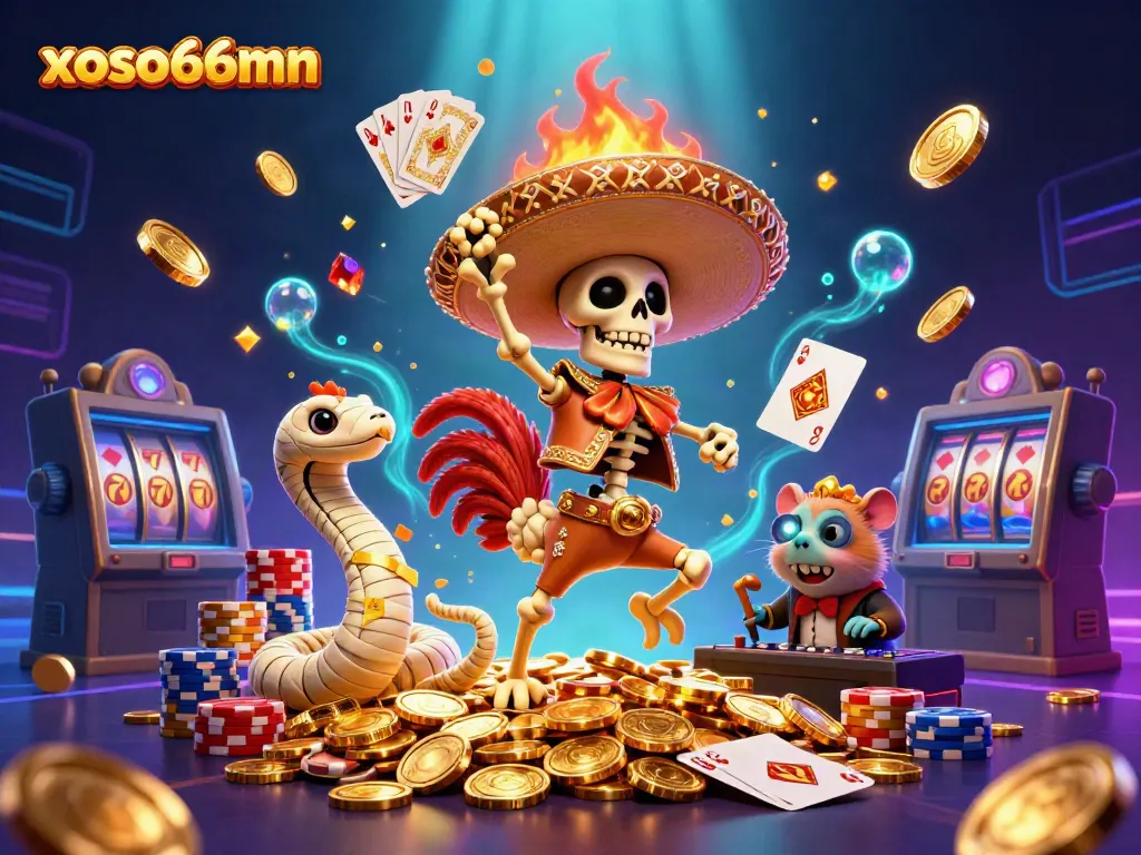xoso66mn showcases a vibrant casino scene with 3D characters celebrating winnings.