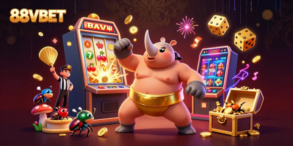 Experience the excitement of 88VBET with a vivid 3D casino illustration featuring colorful elements and engaging characters.
