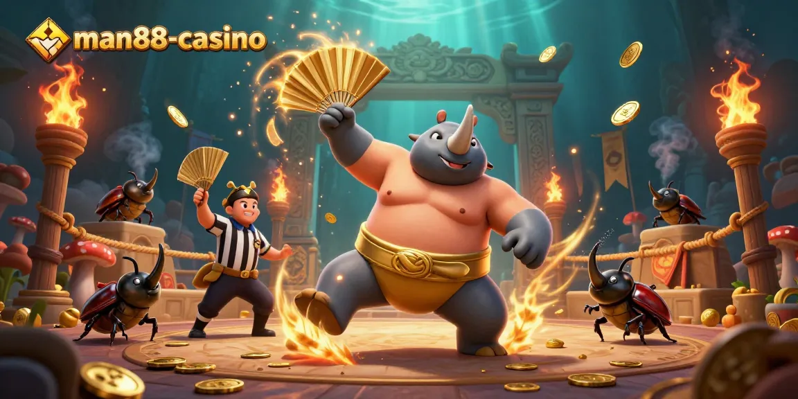 Experience the thrilling atmosphere of man88-casino with dynamic characters and gold coins.