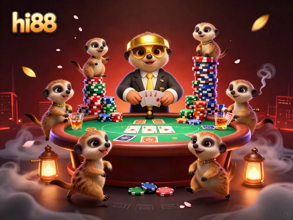 hi88 meerkats engaging in an exciting casino operation with poker elements around