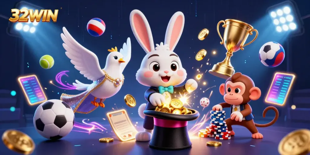 Experience the thrilling magic of 32WIN with vibrant characters and dynamic gaming elements.
