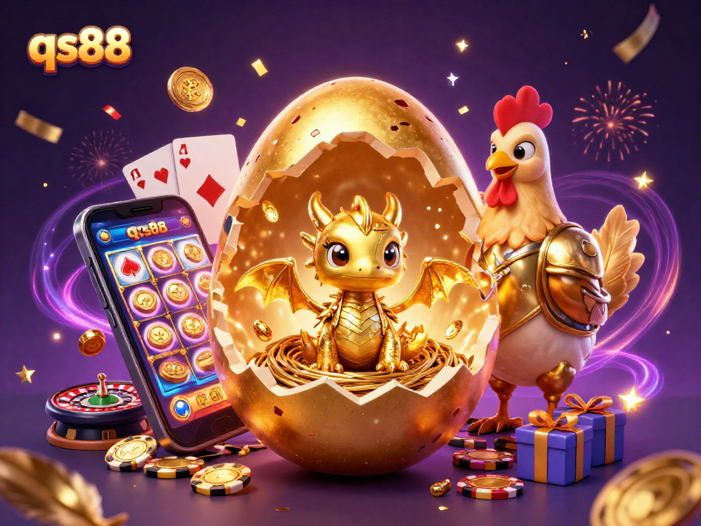 Experience the excitement of qs88 with a baby dragon and poker chips in a stunning casino scene.