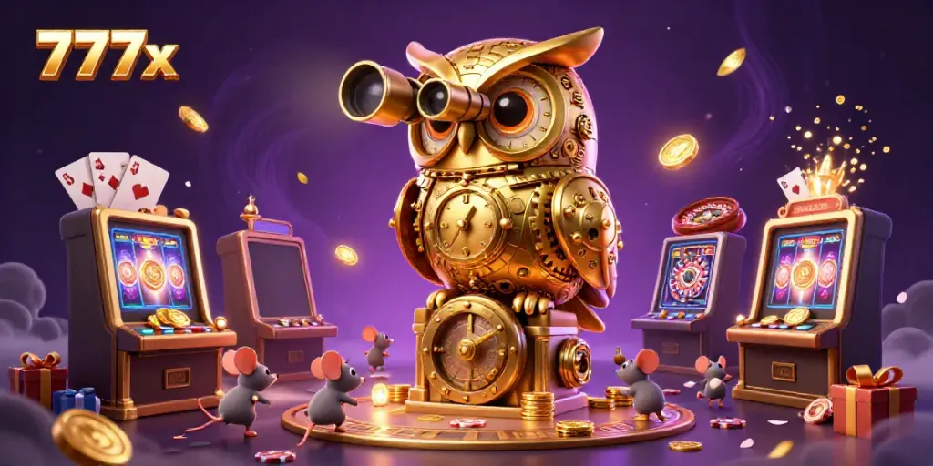 Experience the excitement of 777x with a golden owl scanning a lively casino floor.