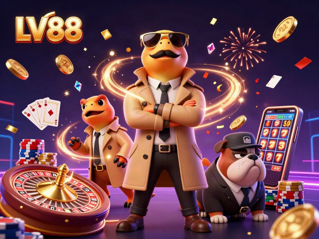 Engage with LV88's thrilling casino experience featuring animated raptors in a trench coat.