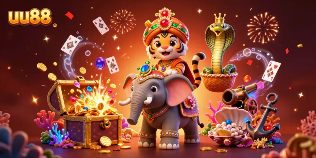 uu88 showcases an energetic casino scene with a maharaja tiger and jewel-encrusted elements.