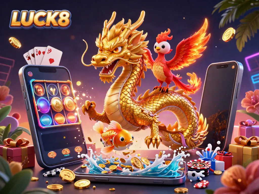Experience the excitement of LUCK8 with dynamic dragon, koi fish, and casino elements.