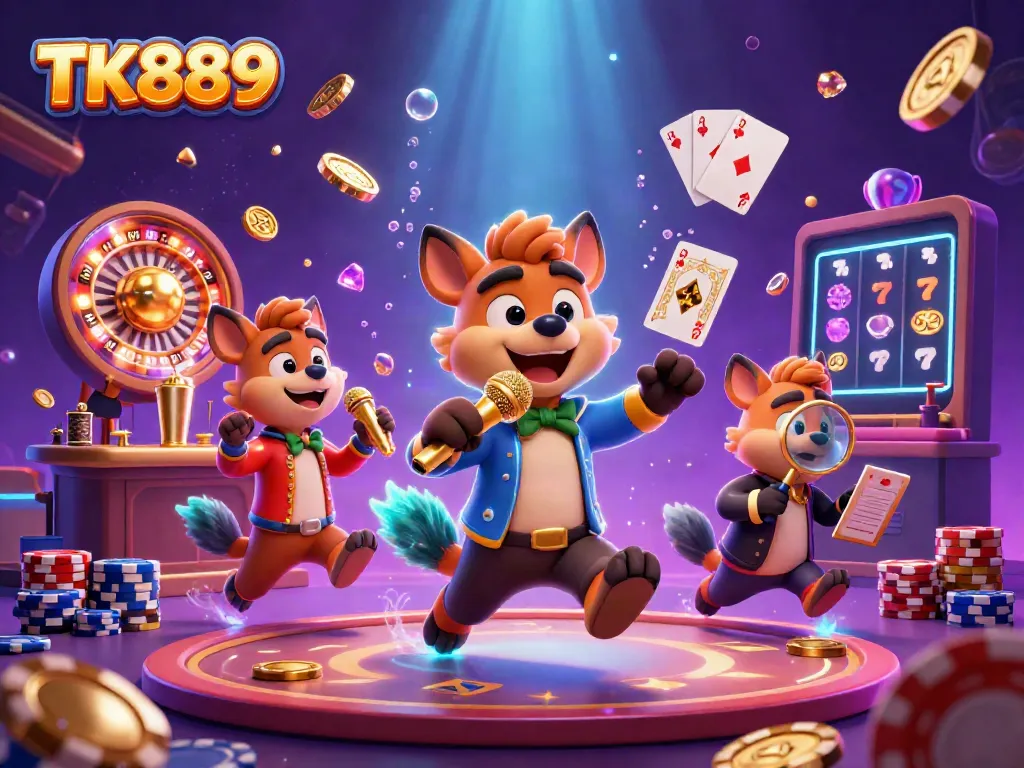 Experience the vibrant comedy casino club scene with TK889 featuring hyenas and sparkling game elements.