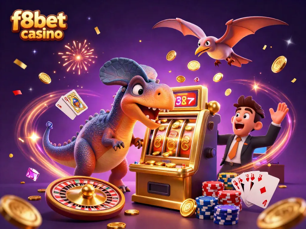 Experience the excitement of f8bet casino with a 3D cartoon scene of dinosaurs in an action-packed gaming atmosphere.