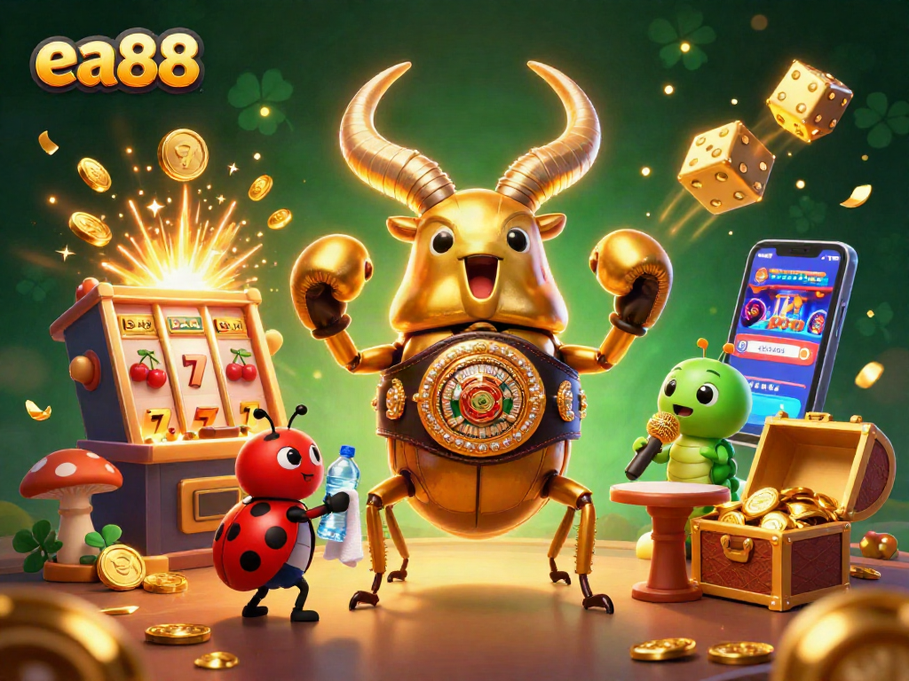 Experience thrilling slots action with ea88's vibrant 3D illustration showcasing jackpot excitement.