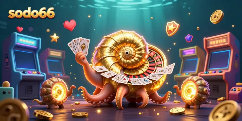 Experience the thrill of sodo66 with a giant nautilus roulette wheel and glowing arcade games.