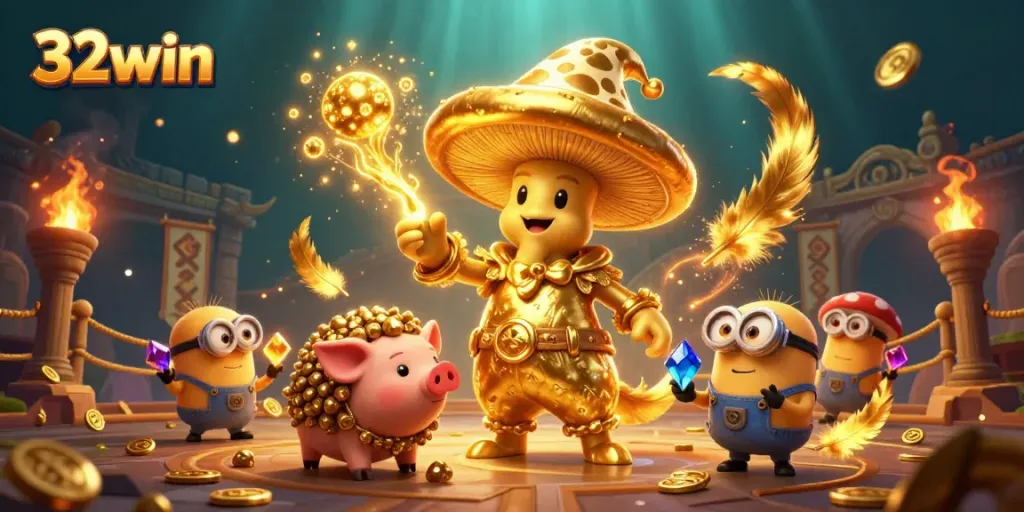 Engage with 32win's magic in a vibrant 3D illustration of a golden wizard, treasure, and betting tokens.