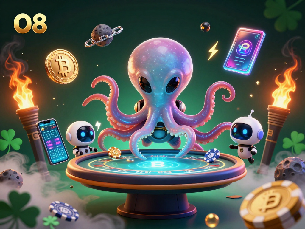 Engage with O8's online poker as a playful alien octopus operates a holographic table amidst vibrant cosmic elements.
