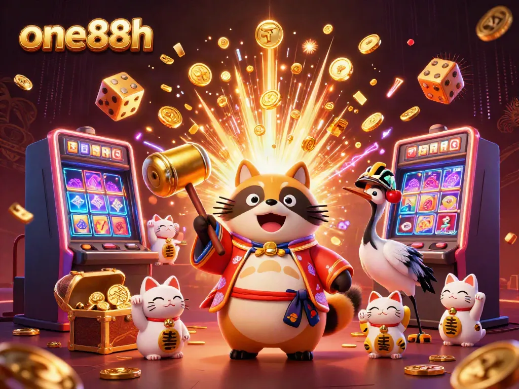 Experience vibrant gaming with one88h's cheerful tanuki, lucky symbols, and festive atmosphere.