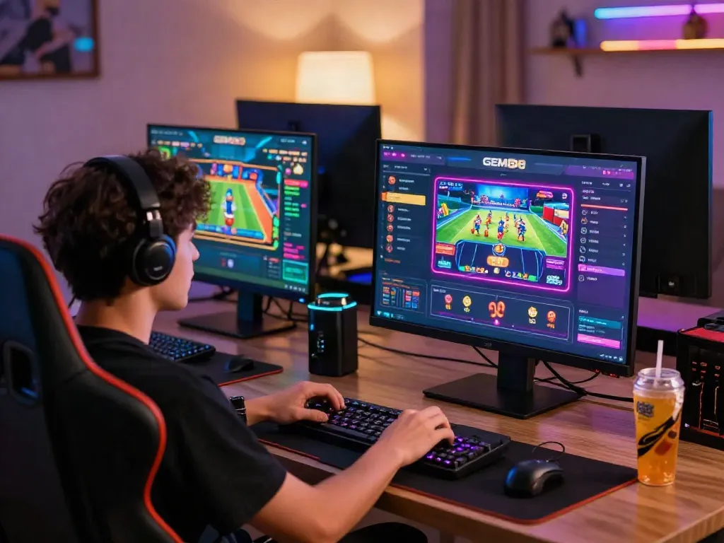 Player enjoying the GEM88 platform with vibrant gaming visuals and modern gaming setup.