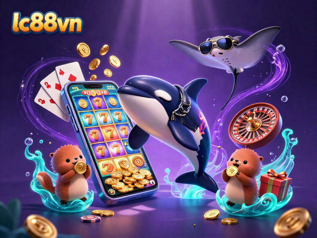 Engage with exciting slots at lc88vn featuring an orca, stingray, and otters amidst vibrant casino elements.