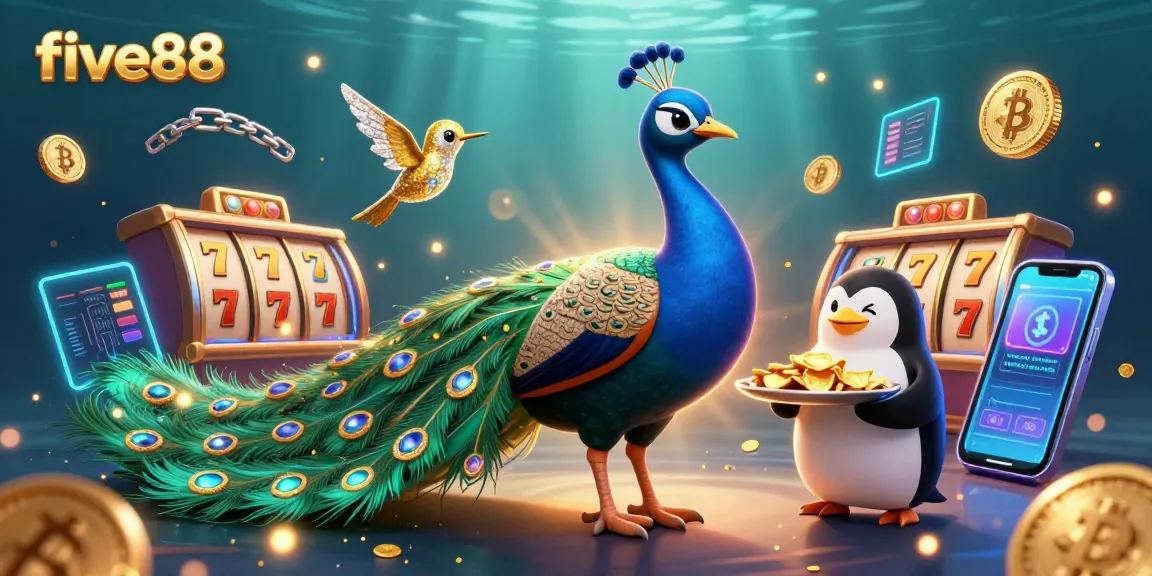 Engage in excitement at five88 with a lively scene featuring a peacock, penguin with chips, and hummingbird amidst vibrant slot gaming elements.