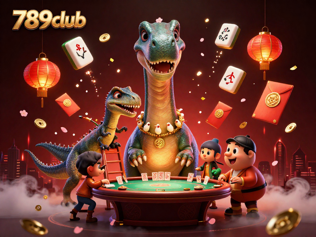 Experience the excitement of 789club with a playful brontosaurus and clever raptor in a lively casino setting.