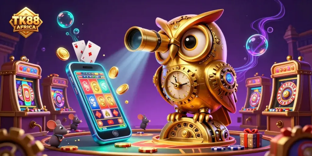 Experience thrilling wins with TK88 AFRICA's vibrant casino scene featuring a golden owl and slot games.