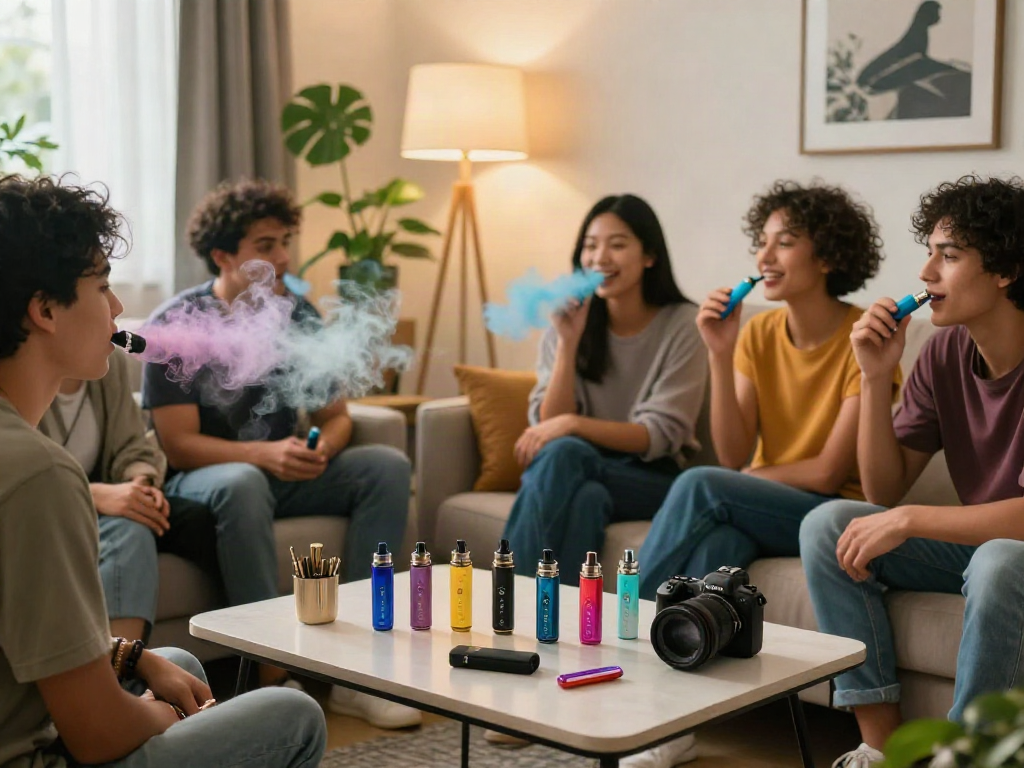 Friends relaxing in a cozy living room while enjoying raz vape products amidst vibrant clouds of vapor.