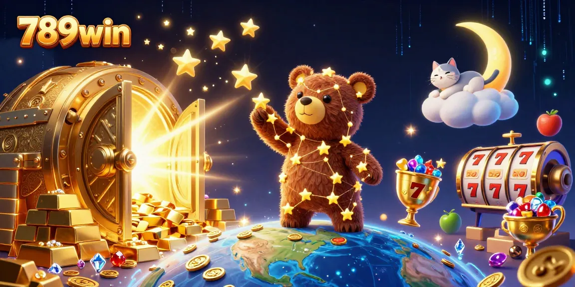 Engage with 789win's vibrant 3D casino scene featuring a constellation bear and lucky symbols.