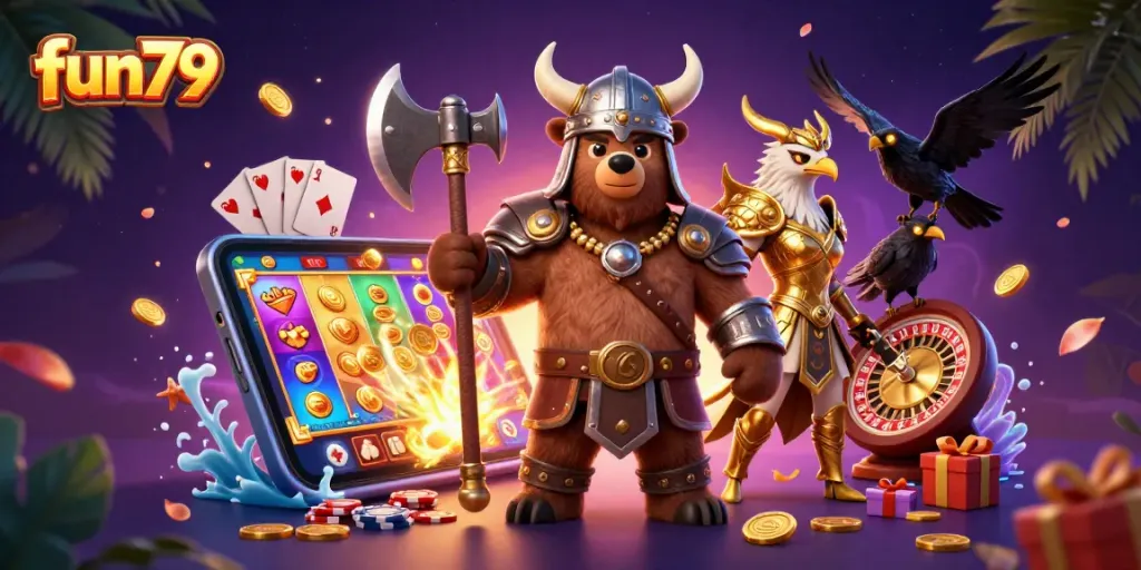 Experience fun79 with an exciting 3D scene showcasing a Viking bear and casino game elements.