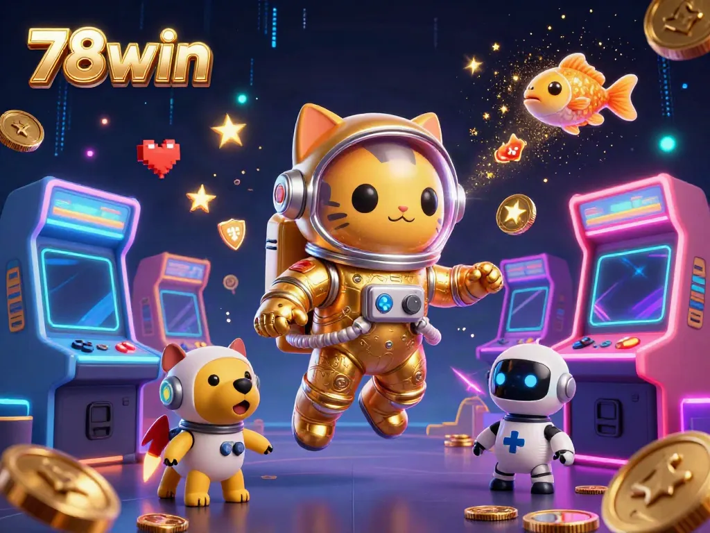 Engage with 78win's immersive casino world featuring an astronaut cat and its robot dog in space.