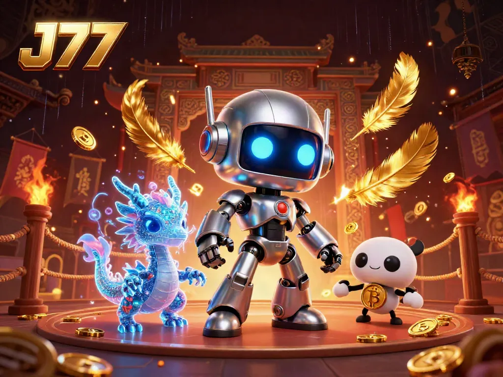 Engage with thrilling J77 casino action illustrated by a unique cyberpunk robot and holographic dragon amidst vibrant game elements.