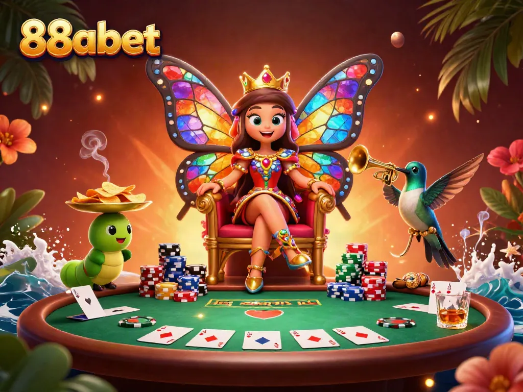 Engage with 88abet's dazzling casino scene featuring a butterfly queen, vibrant poker elements, and captivating atmosphere.