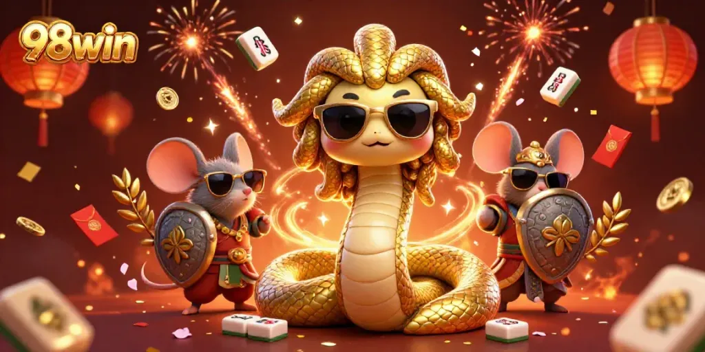 Engage with 98win in a vibrant casino scene featuring Medusa and warrior characters amidst festive elements.