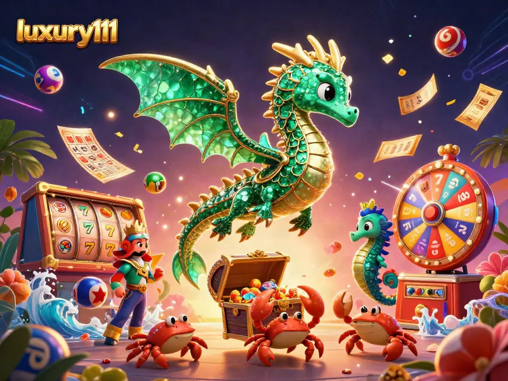 luxury111 captures vibrant gaming with a sea dragon, golden slots, and lively lottery elements