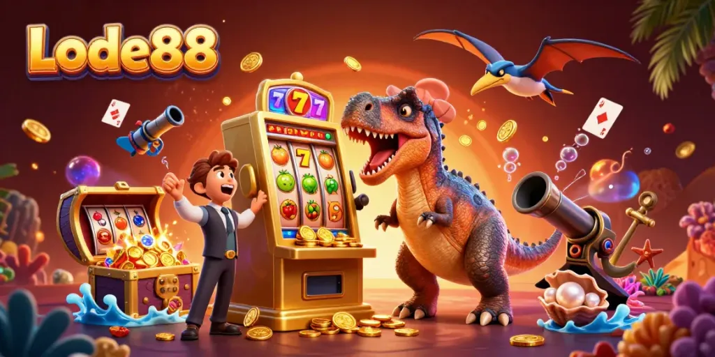 Experience winning thrills at Lode88 with dynamic casino action illustration featuring exciting characters.