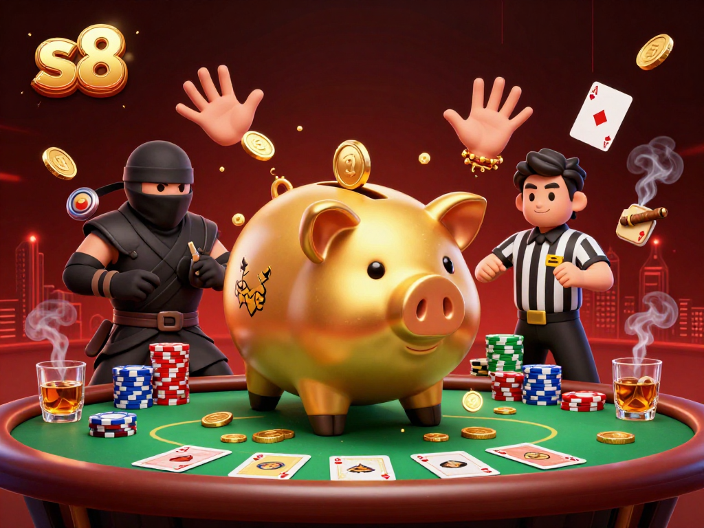 Join the excitement at s8 with a vibrant scene of a piggy bank sumo wrestler, poker action, and bright casino elements.