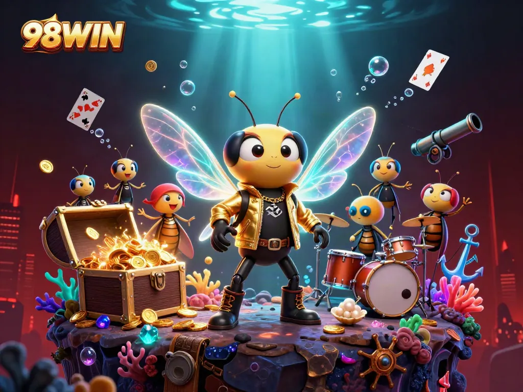 Win big on slots at 98WIN with vibrant characters and casino elements throughout